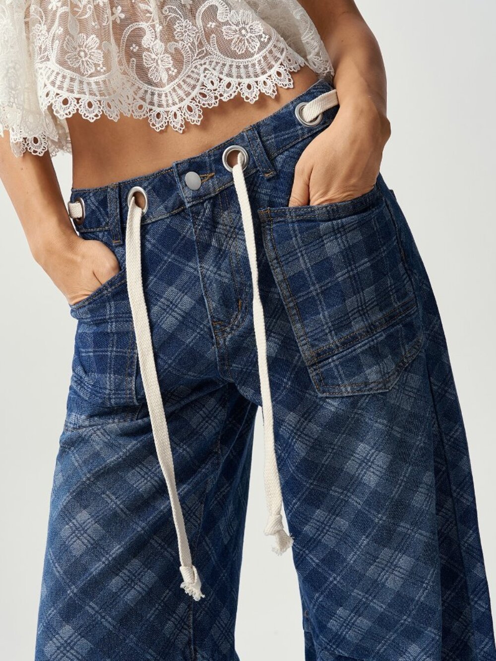 Blue Casual Women's Woven Denim Plaid Wide Leg Long Pants